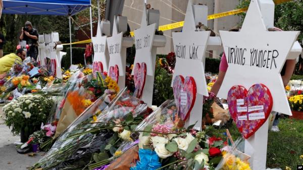 FILE - Flowers surround Stars of David, Oct. 31, 2018, part of a makeshift memorial outside the Tree of Life Synagogue to the 11 people killed during worship services Saturday in Pittsburgh.